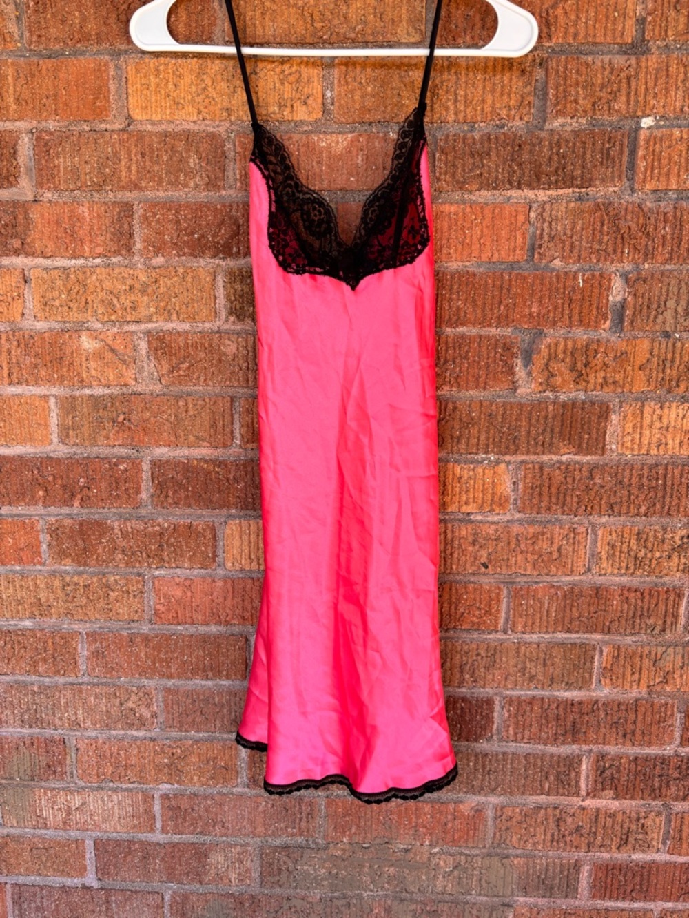 Vintage Lady Cameo Pink Black Lace Satin Slip Dress Negligee Sz M Coquette Y2K